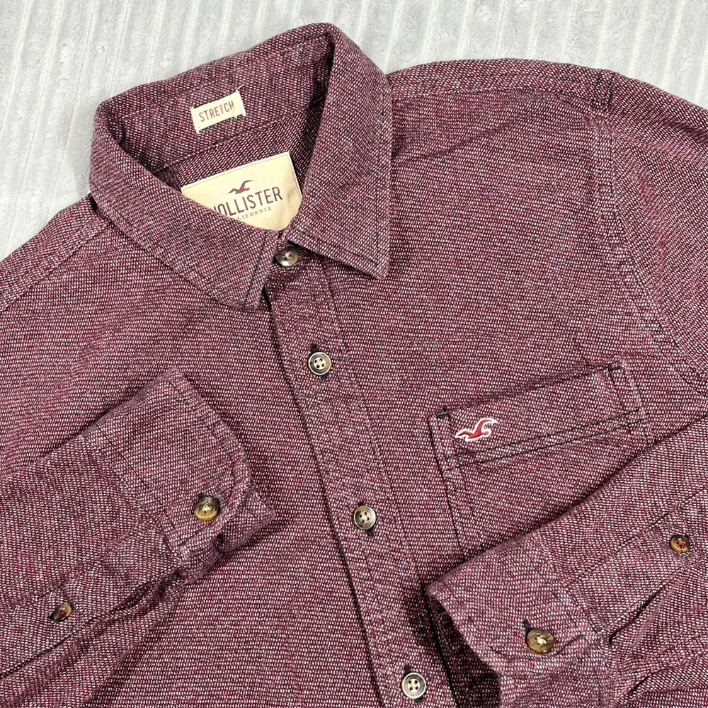 Hollister Stretch Button Up Flannel Shirt Men's S Heather Maroon Y2K Preppy Warm